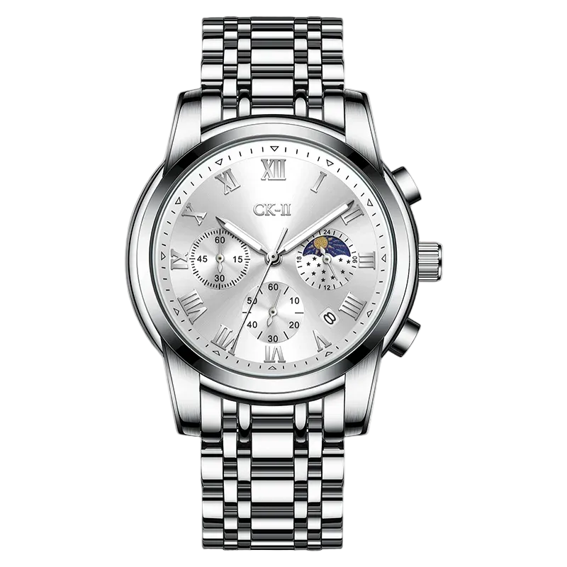 Mark Fairwhale FW-5039 CORDANT - Luxury Men's Roman Numeral Quartz Watch with Stainless Steel Strap, Moon Phase & Chronograph