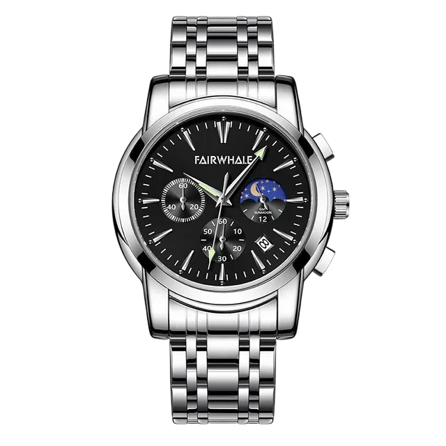 FAIRWHALE FW-5630 LUNARYS - Men's Moon Phase Watch with Auto Date & Stainless Steel Strap